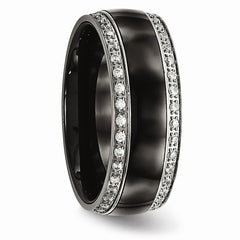 Stainless Steel Wedding Band with Polished Black Ceramic and CZ Elegance