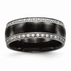 Stainless Steel Wedding Band with Polished Black Ceramic and CZ Elegance