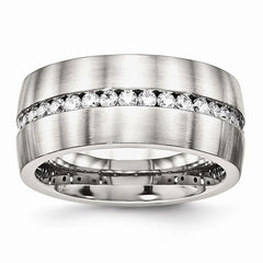 Stainless Steel Wedding Band with Synthetic CZ, Polished & Brushed Finish