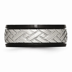 Stainless Steel Wedding Band with Brushed Black Grooved Finish