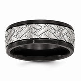 Stainless Steel Wedding Band with Brushed Black Grooved Finish