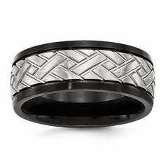 Stainless Steel Wedding Band with Brushed Black Grooved Finish