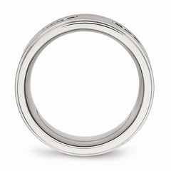 Stainless Steel Wedding Band with Black CZ and Ridged Edge