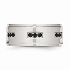 Stainless Steel Wedding Band with Black CZ and Ridged Edge