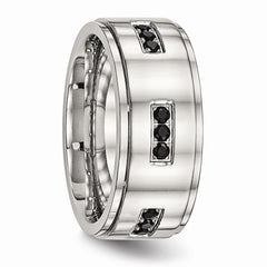 Stainless Steel Wedding Band with Black CZ and Ridged Edge