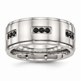 Stainless Steel Wedding Band with Black CZ and Ridged Edge