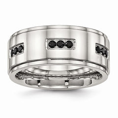 Stainless Steel Wedding Band with Black CZ and Ridged Edge