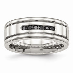 Sophia Jewelers Polished Stainless Steel Black CZ Grooved Wedding Band
