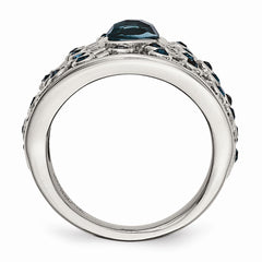 Stainless Steel Fashion Ring with Blue Glass and Crystal Elegance