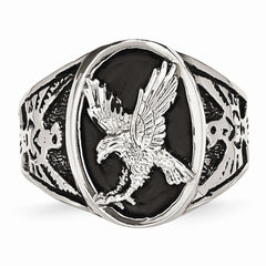 Stainless Steel Men's Ring with Polished Black Enamel Eagle Design