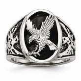 Stainless Steel Men's Ring with Polished Black Enamel Eagle Design