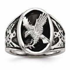 Stainless Steel Men's Ring with Polished Black Enamel Eagle Design