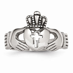 Stainless Steel Claddagh Ring with Cross Polished Antiqued Finish