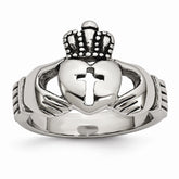 Stainless Steel Claddagh Ring with Cross Polished Antiqued Finish