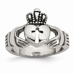 Stainless Steel Claddagh Ring with Cross Polished Antiqued Finish