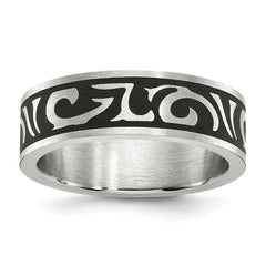 Stainless Steel Brushed Enameled Swirl Design 7mm Band