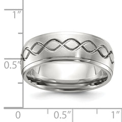 Stainless Steel Brushed and Polished Scroll Design 8mm Ridged Edge Band