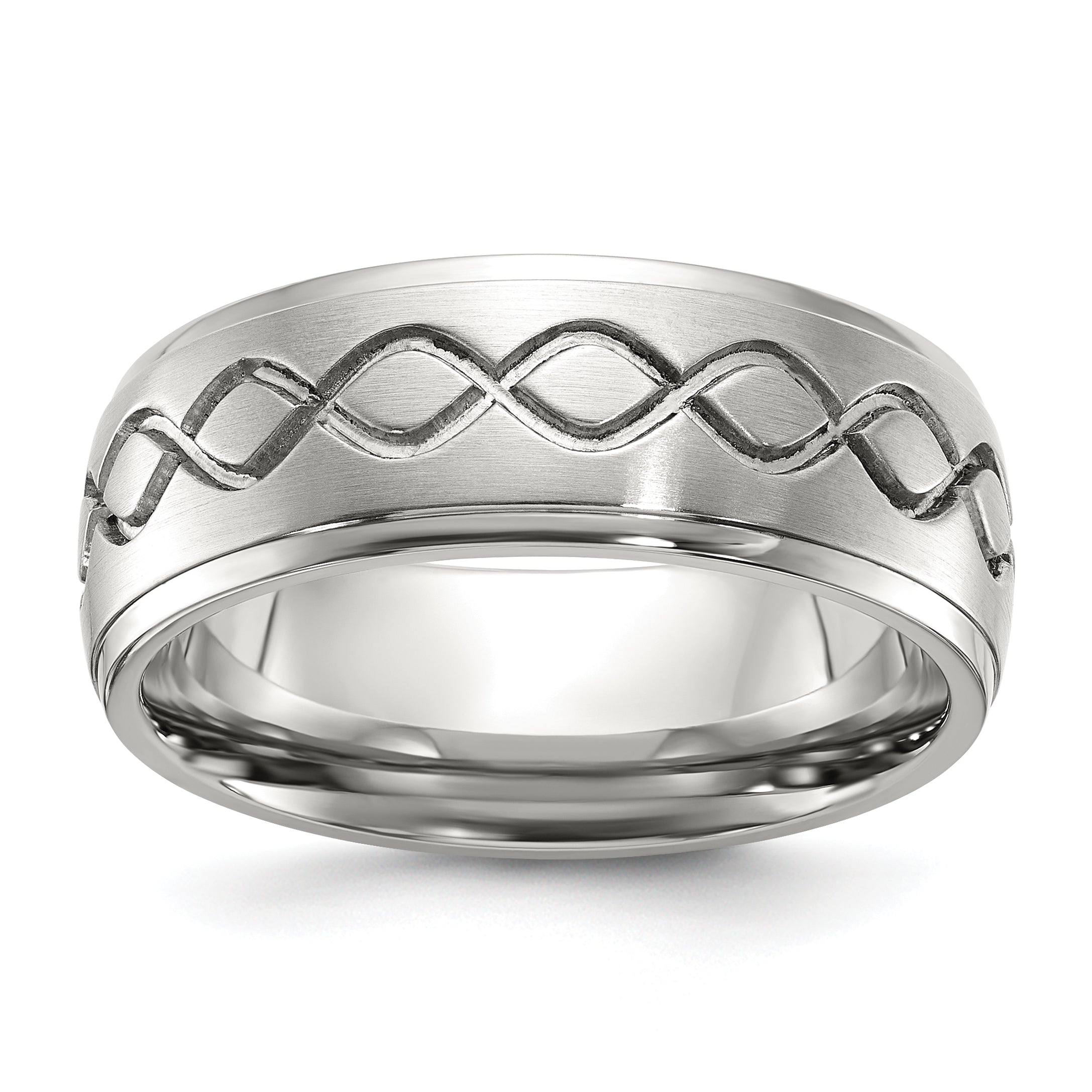 Stainless Steel Brushed and Polished Scroll Design 8mm Ridged Edge Band