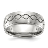 Stainless Steel Brushed and Polished Scroll Design 8mm Ridged Edge Band