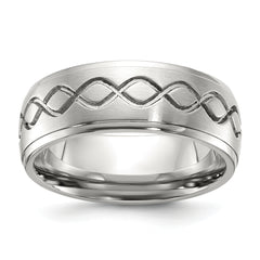 Stainless Steel Brushed and Polished Scroll Design 8mm Ridged Edge Band