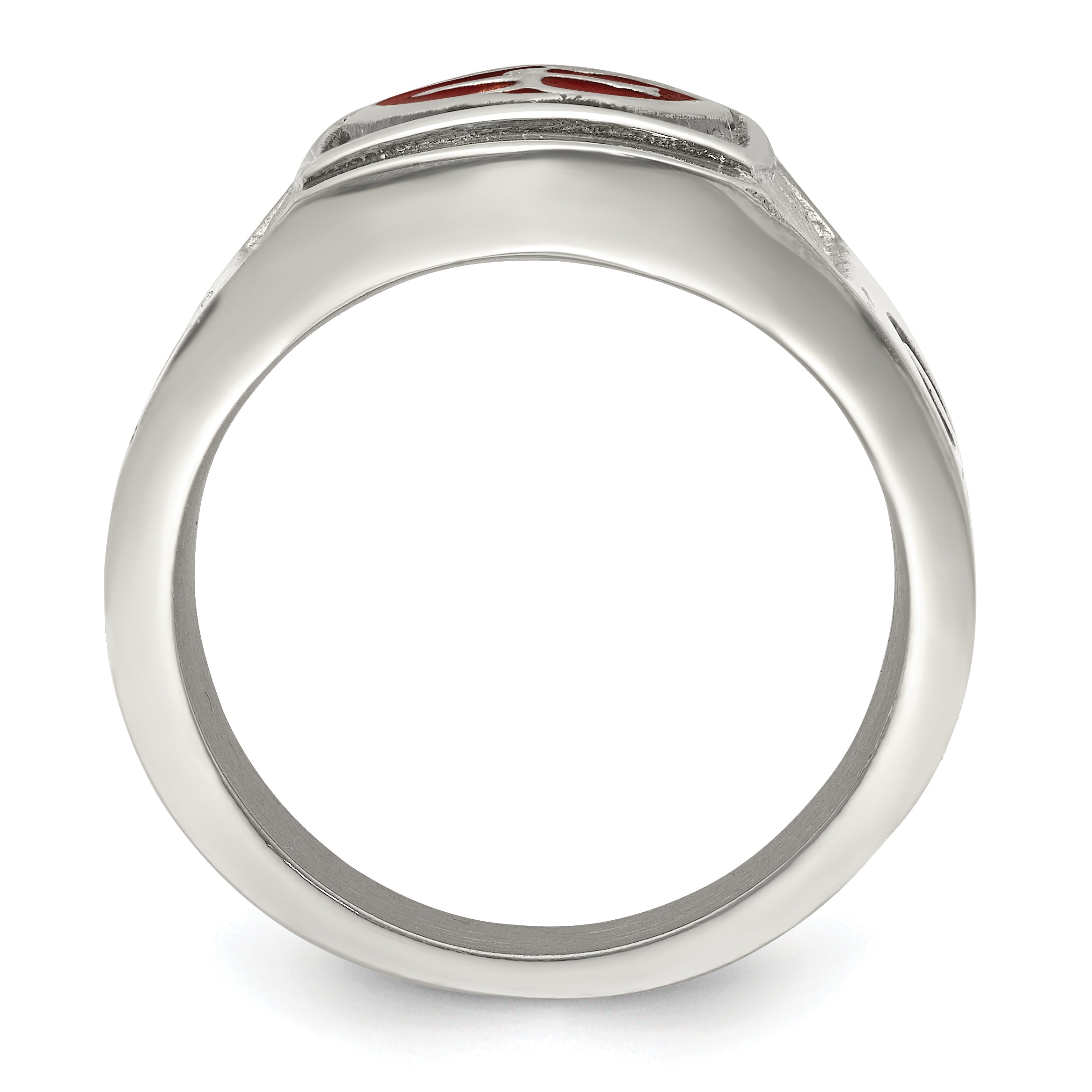 Stainless Steel Antiqued and Polished with Red Enamel Cross and Shield Ring