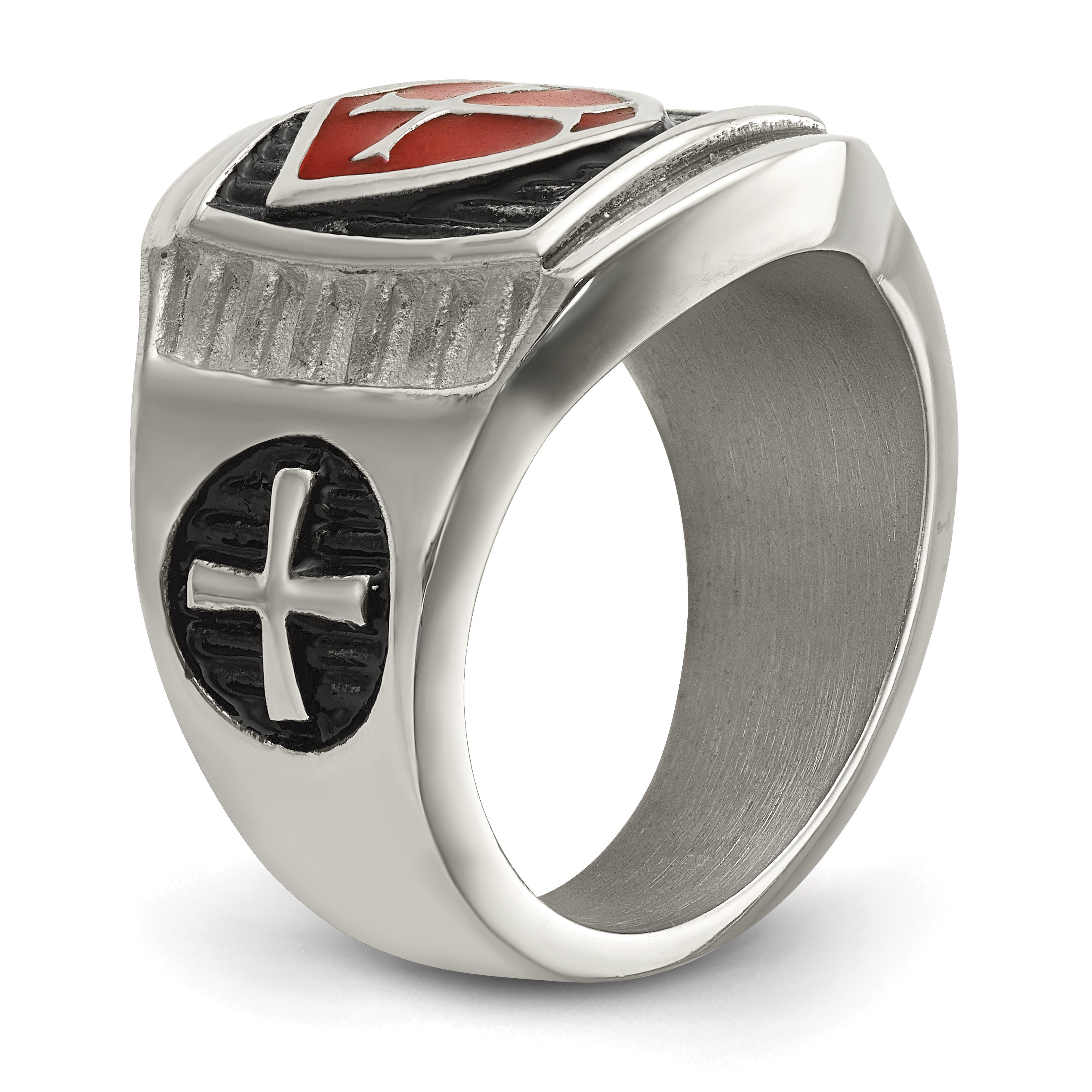 Stainless Steel Antiqued and Polished with Red Enamel Cross and Shield Ring