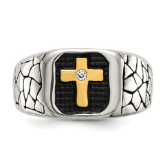 Stainless Steel Antiqued and Polished Yellow IP-plated with Crystal Cross Ring