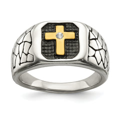 Stainless Steel Antiqued and Polished Yellow IP-plated with Crystal Cross Ring