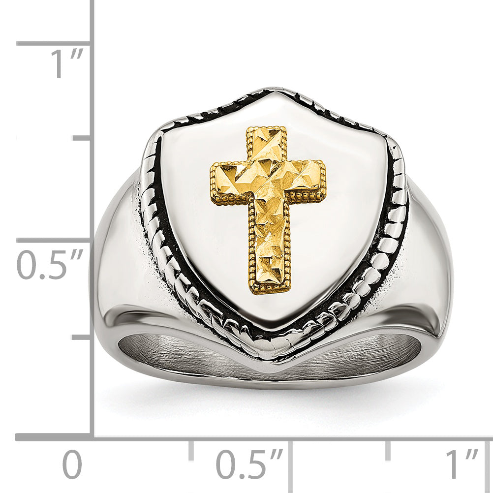 Stainless Steel with 14k Gold Accent Antiqued and Polished Cross on Shield Ring