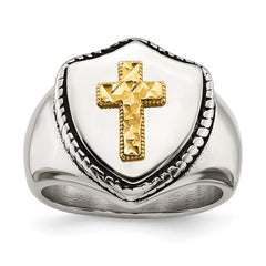 Stainless Steel with 14k Gold Accent Antiqued and Polished Cross on Shield Ring