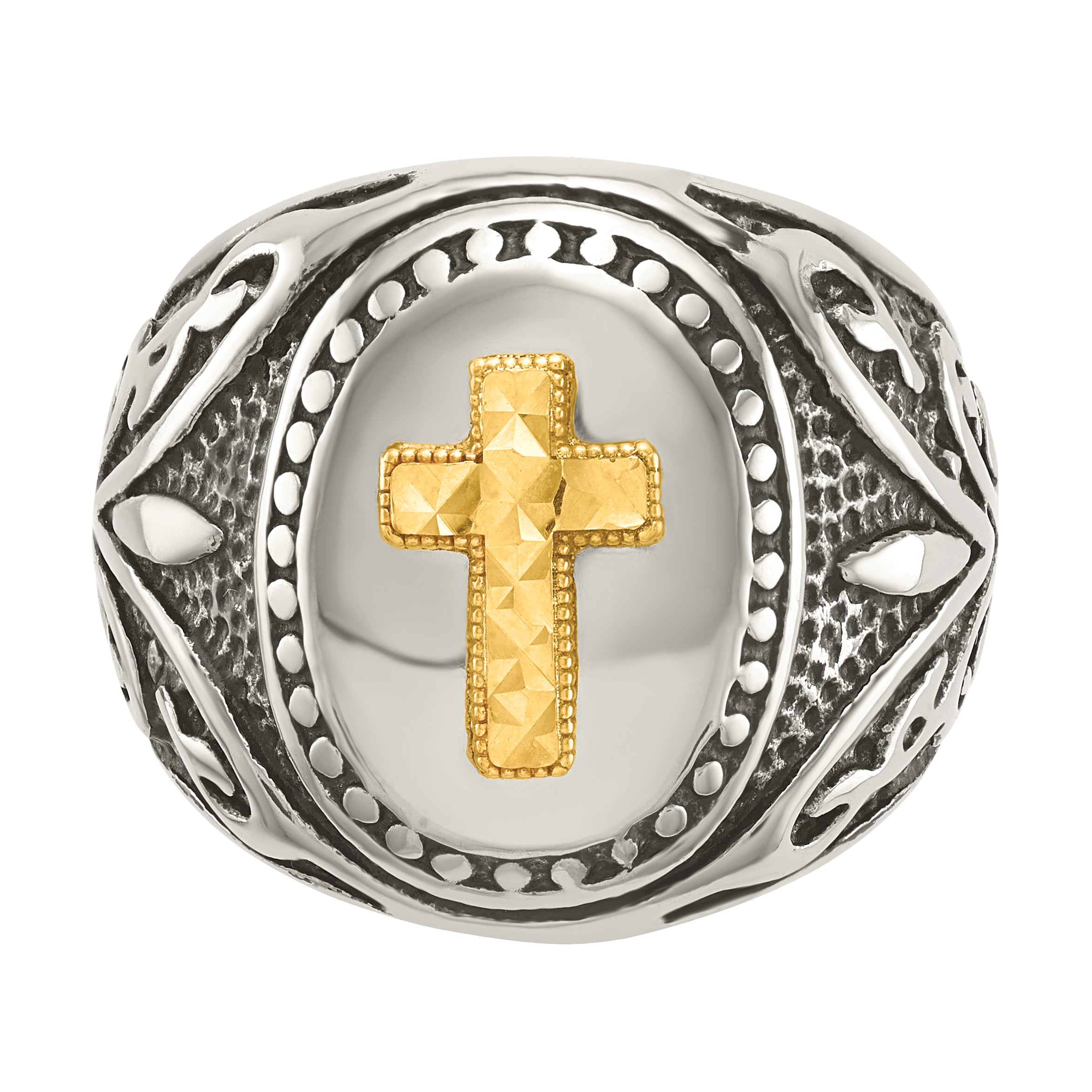 Stainless Steel with 14k Gold Accent Antiqued and Polished Cross Ring