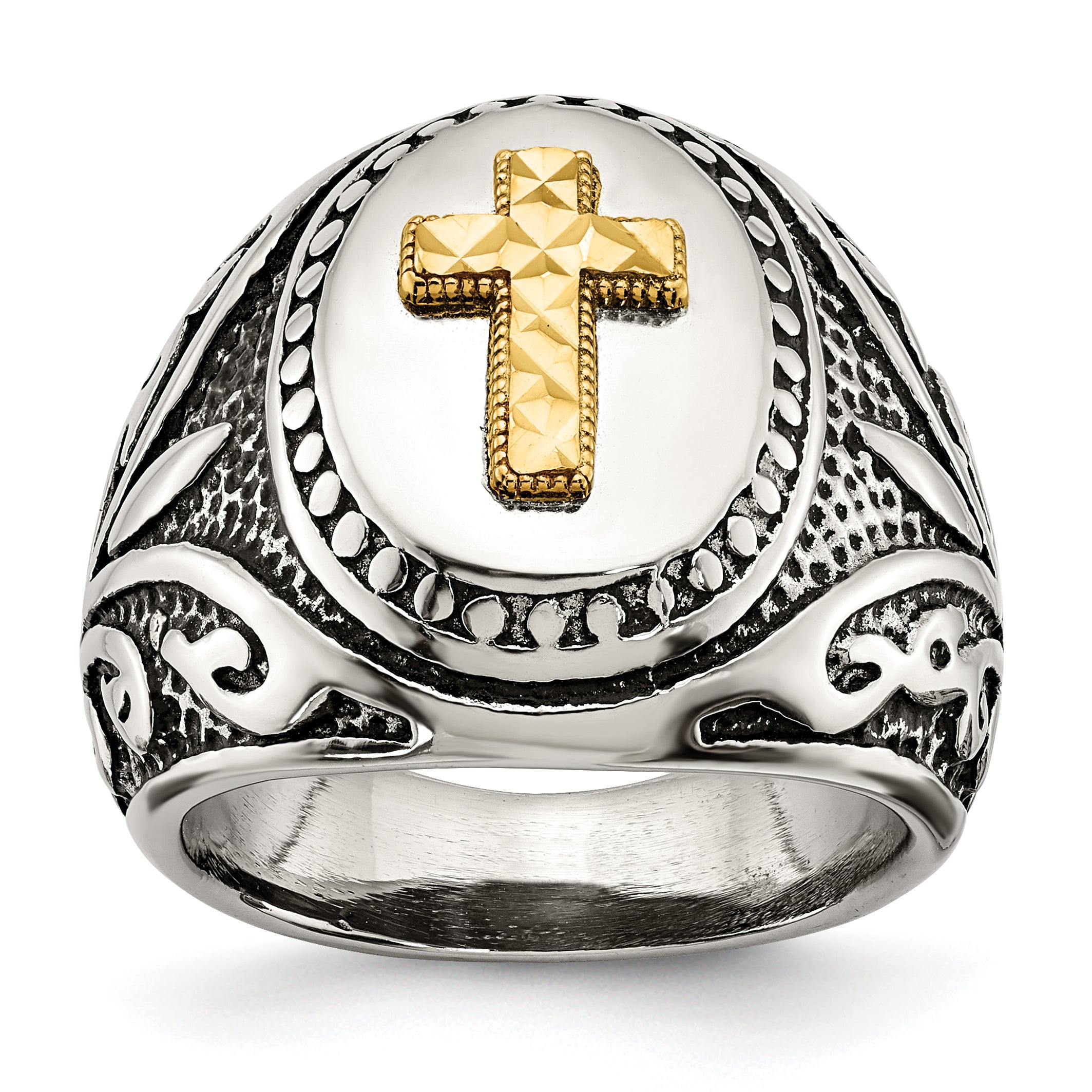 Stainless Steel with 14k Gold Accent Antiqued and Polished Cross Ring