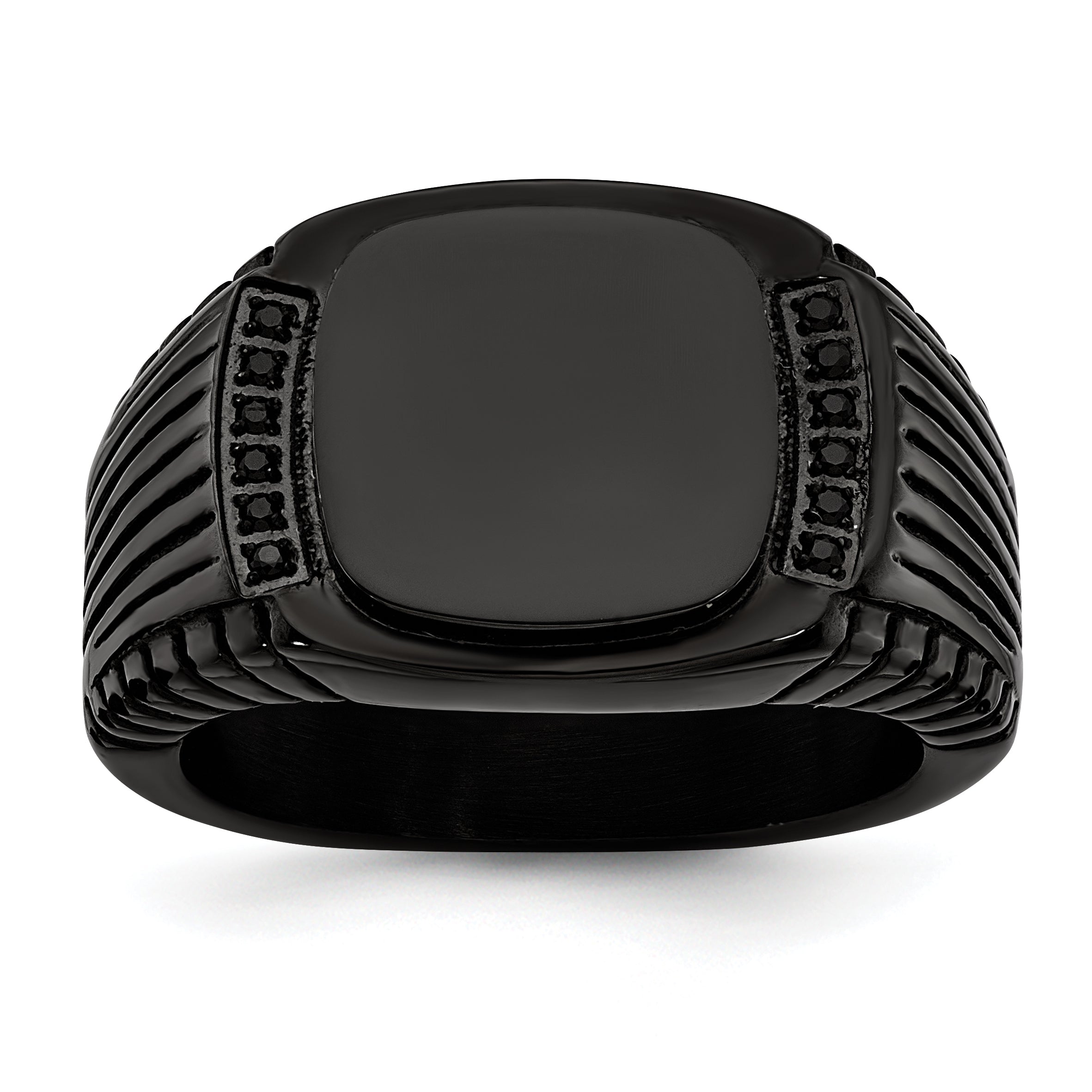 Stainless Steel Polished Black IP-plated with Black CZ Signet Ring