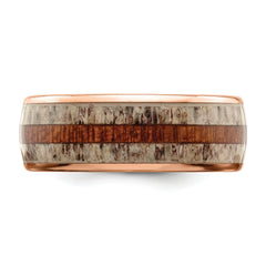 Stainless Steel Polished Rose IP-plated with Wood and Antler Inlay 8mm Band