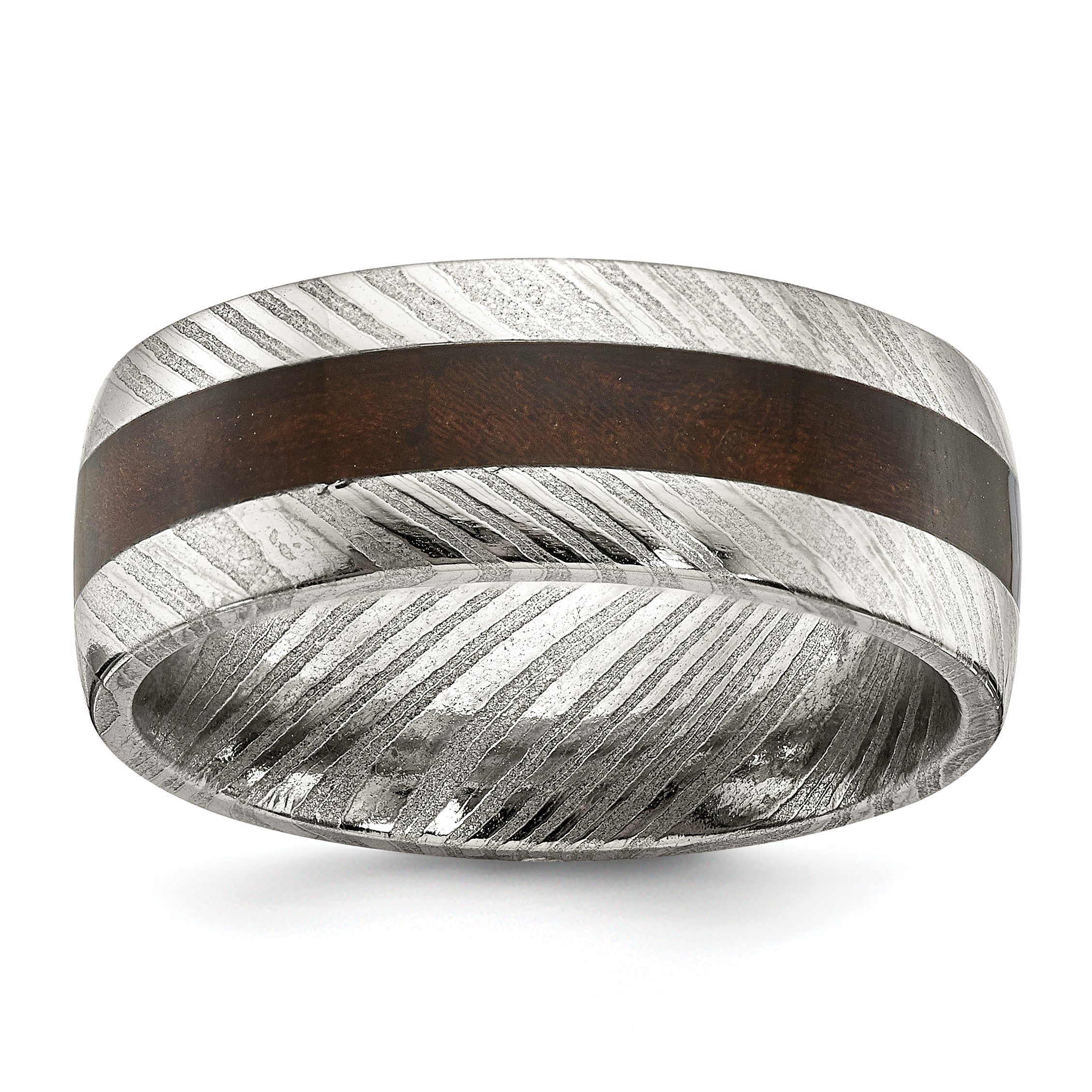 Damascus Steel Polished with Ebony Wood Inlay 8mm Band