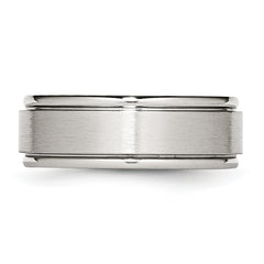 StainleSterling Silver Steel Polished with Brushed Center 8mm Ridged Edge Band