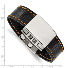 Stainless Steel Polished Black Leather/Orange Stitch 8.5in ID Bracelet