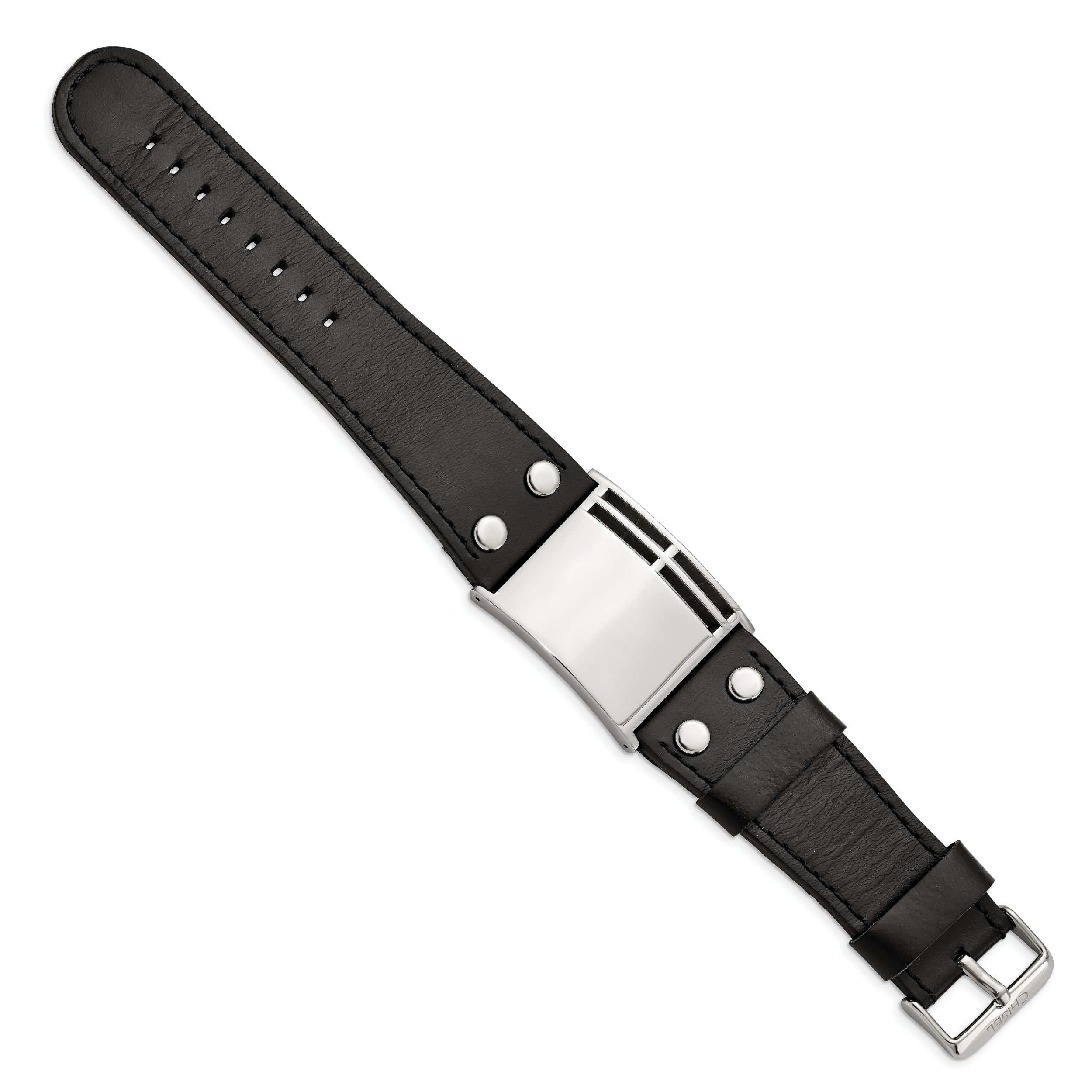 Stainless Steel Polished Black Leather Adjustable Buckle 9.25in Bracelet