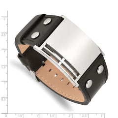 Stainless Steel Polished Black Leather Adjustable Buckle 9.25in Bracelet