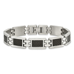 Chisel Stainless Steel Polished with Black Carbon Fiber Inlay 9 inch Link Bracelet