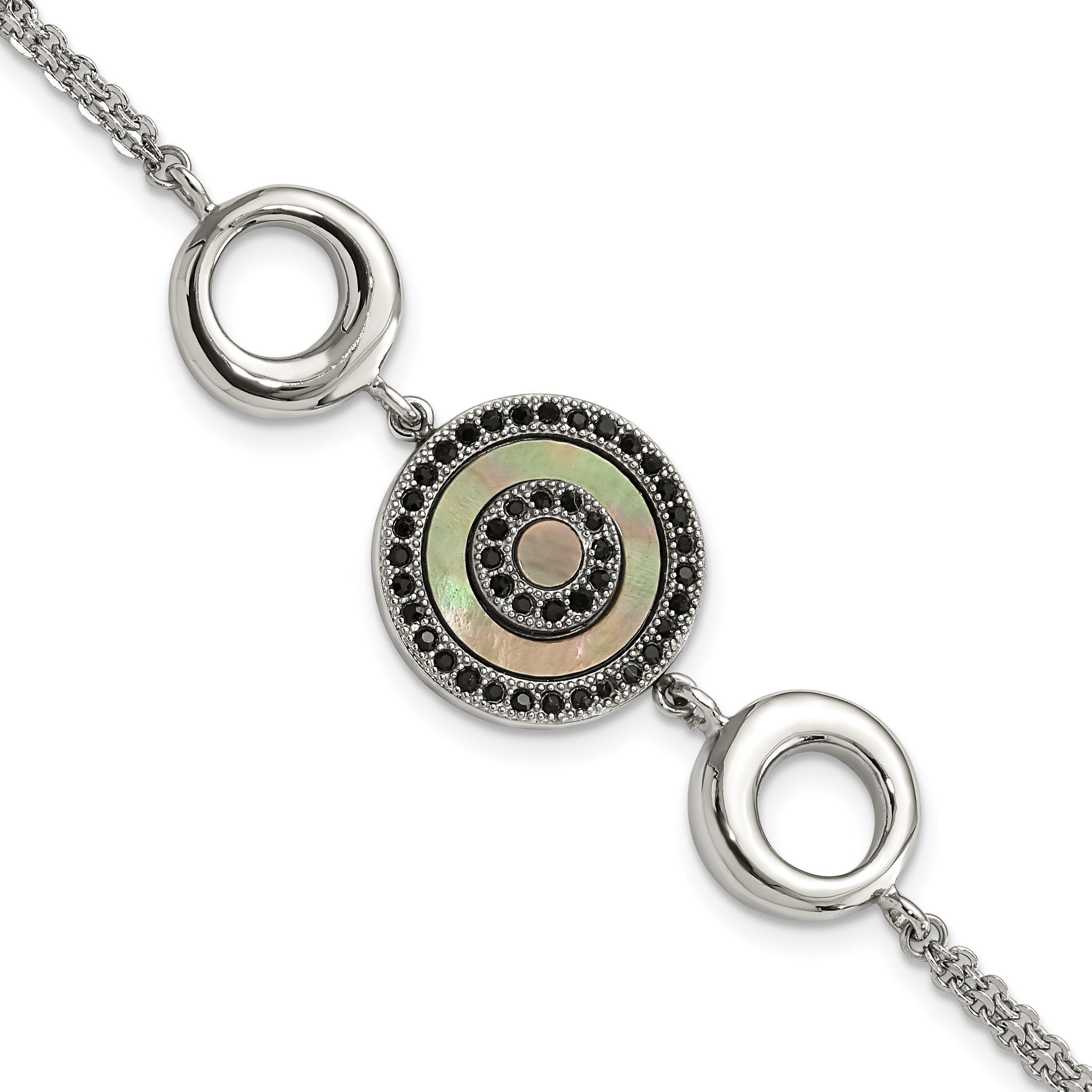 Stainless Steel Polished Black MOP & Crystal w/.5in ext Bracelet