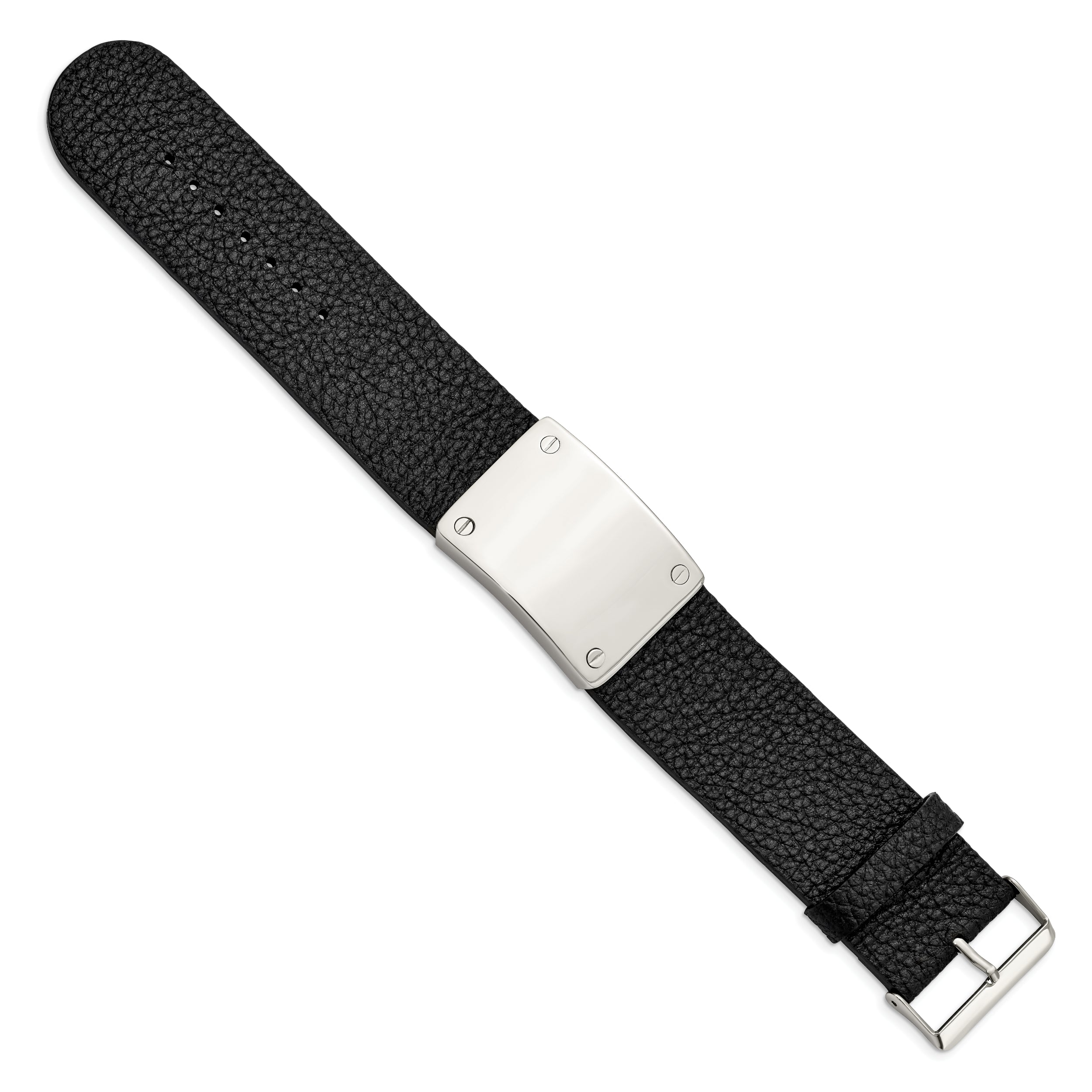 Stainless Steel Polished Black Leather Adjustable 8.5in ID Bracelet