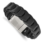 Stainless Steel Brushed Black Leather 8.25in Bracelet