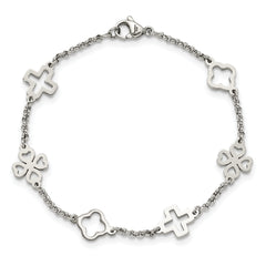 Chisel Stainless Steel Polished Cross and Clovers 7.5 inch Bracelet