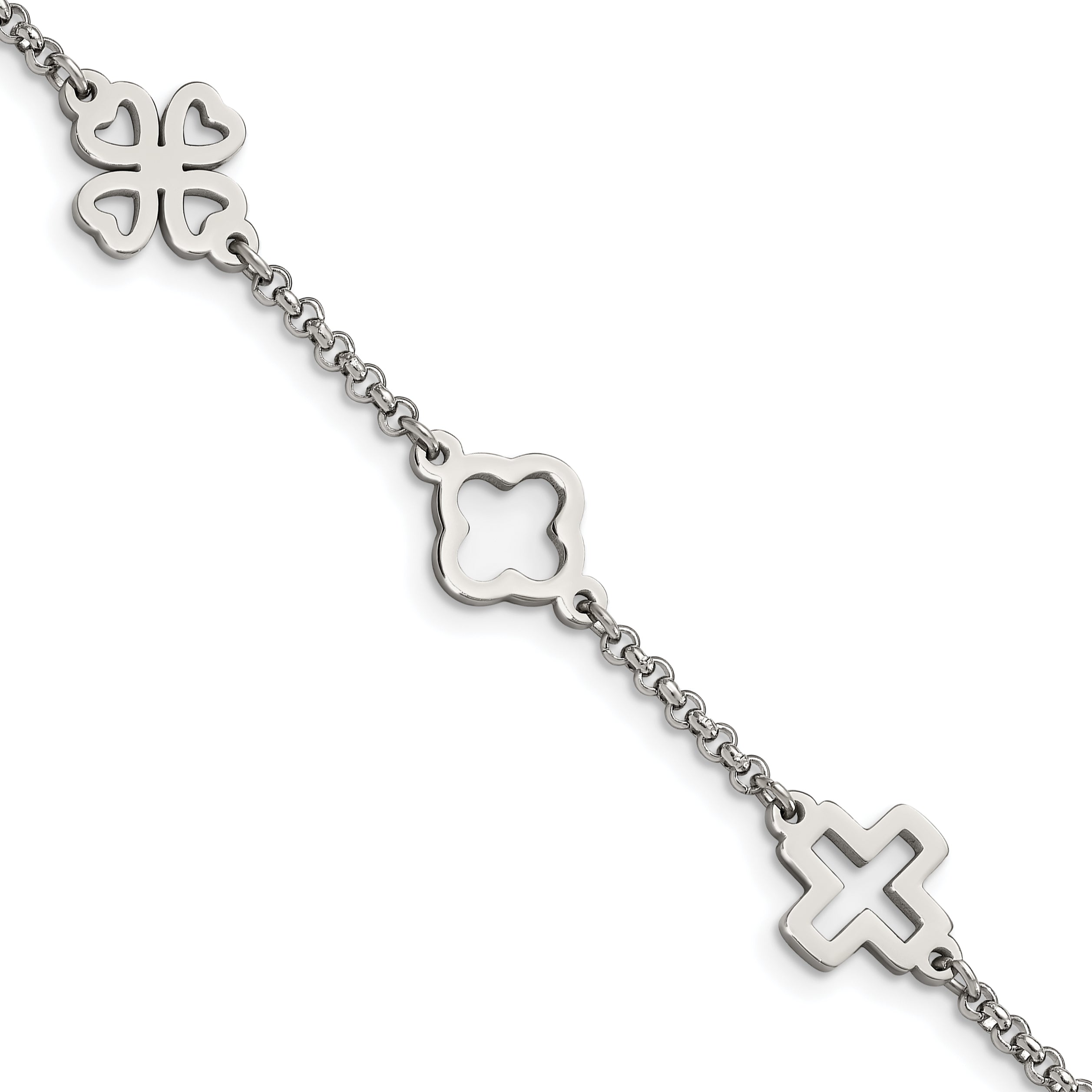 Chisel Stainless Steel Polished Cross and Clovers 7.5 inch Bracelet