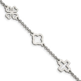 Chisel Stainless Steel Polished Cross and Clovers 7.5 inch Bracelet