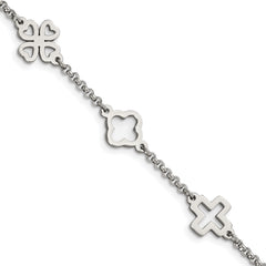 Chisel Stainless Steel Polished Cross and Clovers 7.5 inch Bracelet