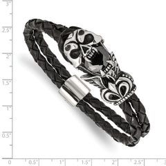 Chisel Stainless Steel Polished and Enameled Skull with Black Glass 2 Strand Braided Black Leather 8.5 inch Bracelet