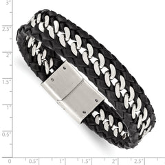 Chisel Stainless Steel Brushed Black Leather 8.5 inch Bracelet