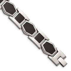 Chisel Stainless Steel Polished with Black Carbon Fiber Inlay 8.75 inch Link Bracelet